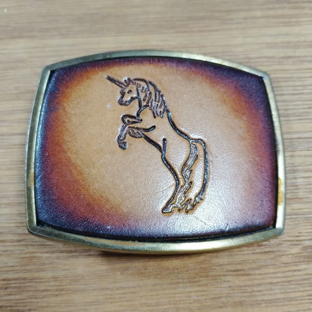 Vintage Unicorn Belt Buckle Leather Brown USA Mystical Fantasy Magical Carved
